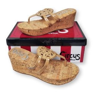 CIRCUS By Sam Edelman Rocky Wedge Sandal Almond Tan Faux Leather Women's Size 9